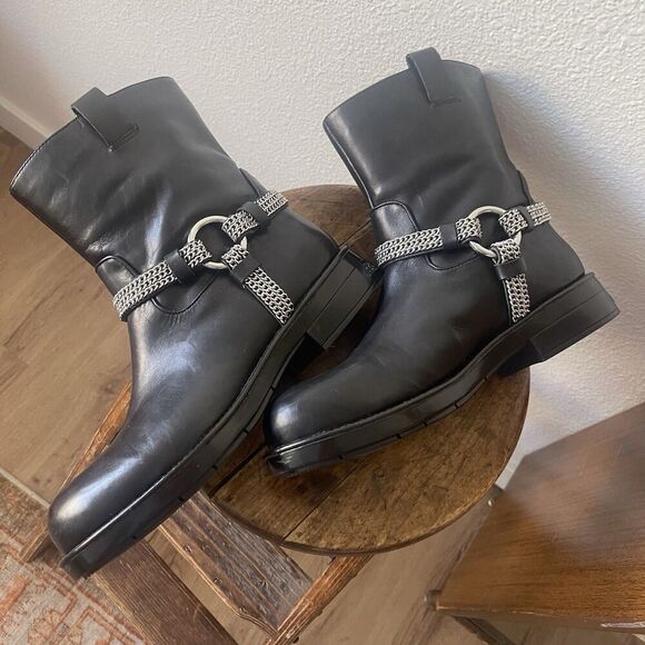 Karl Lagerfeld Paris Black Leather Vernet Motorcycle Boots Chain Size 8.5 - Picture 7 of 11